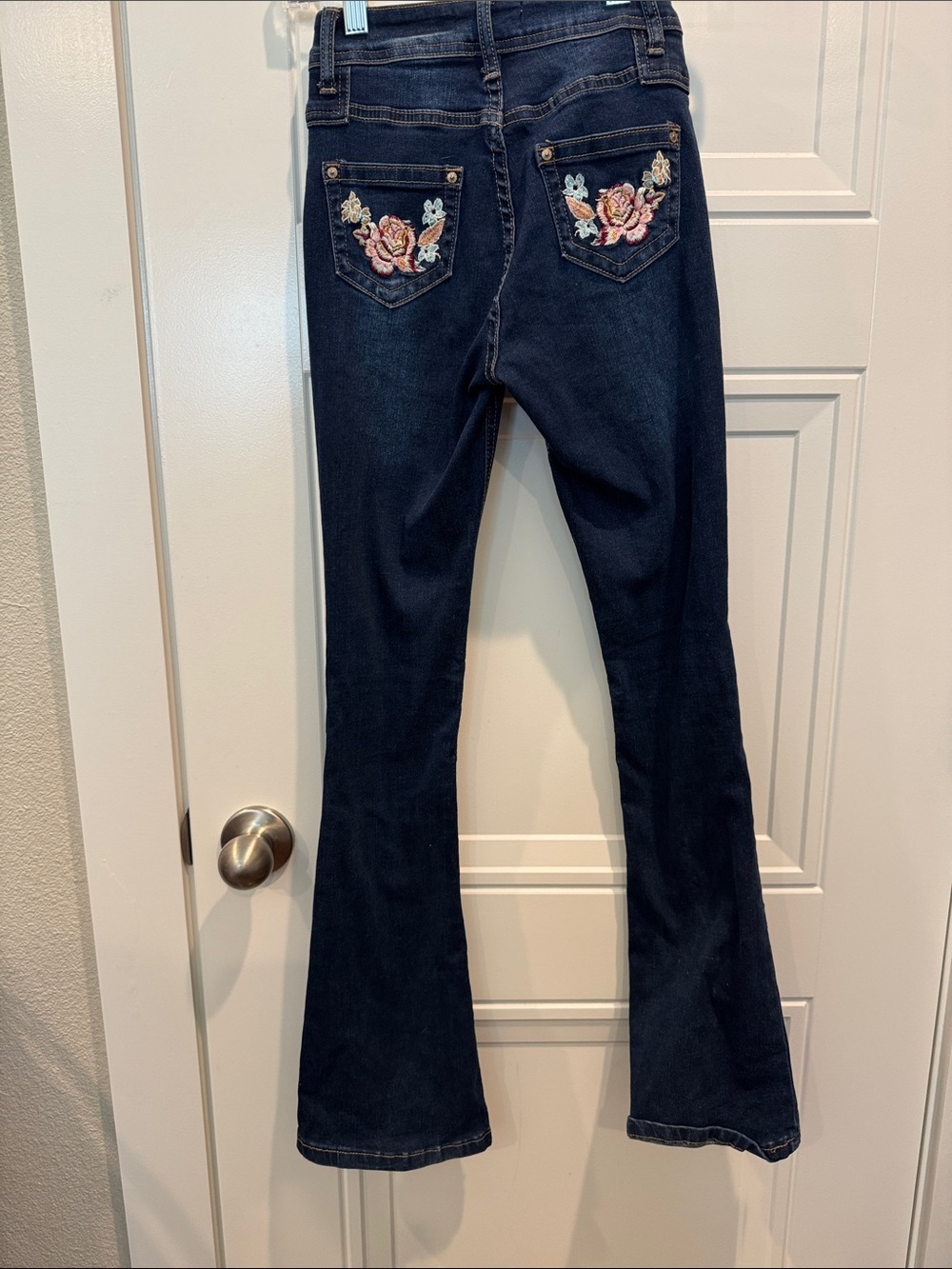 BAMBOO Dark Blue Flare Jeans with Floral Embroidered Pockets